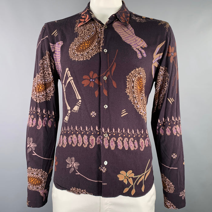 PAUL SMITH Size XL Black Taupe Print Cotton Spread Collar Long Sleeve Shirt
