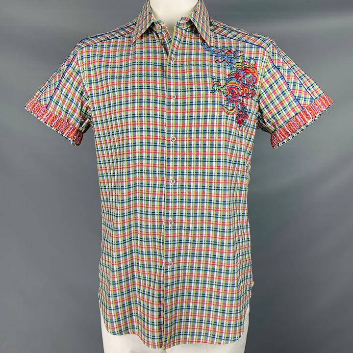 ROBERT GRAHAM Size L Navy Green Plaid Cotton Button Up Short Sleeve Shirt