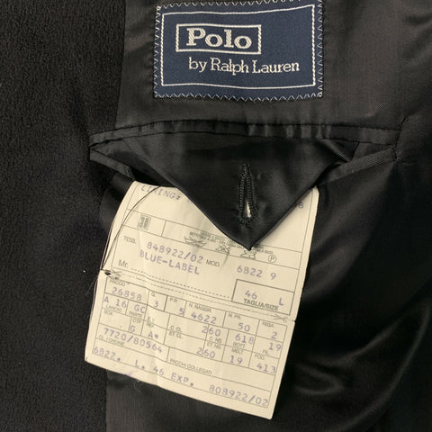 Interior view of Polo by Ralph Lauren label and garment production tag marked size 46 L.