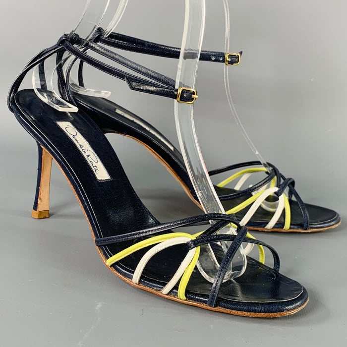 OSCAR DE LA RENTA Size 7 Navy Yellow Leather Strappy Sandals