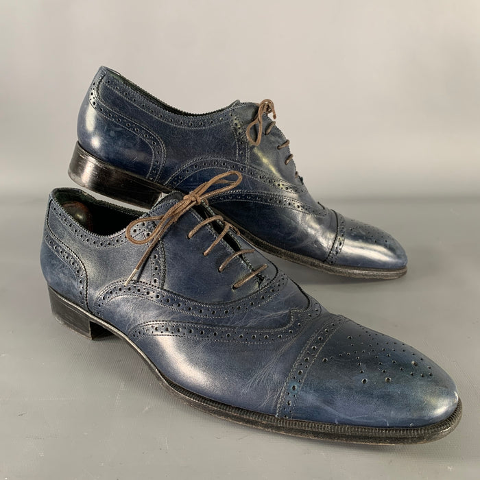 YVES SAINT LAURENT RIVE GAUCHE Size 9 Navy Wingtip Leather Cap Toe Lace Up Shoes
