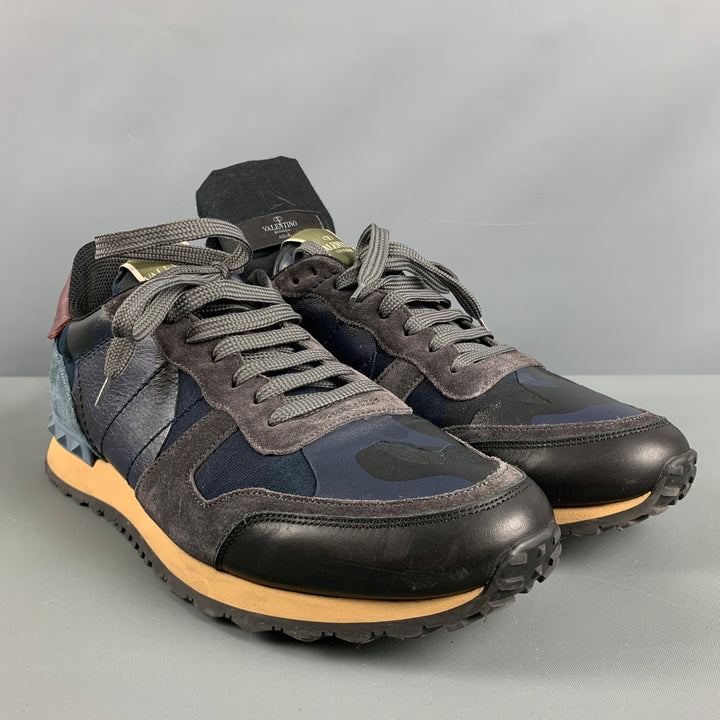 VALENTINO Size 11 Navy Grey Camo Leather Low Top Sneakers