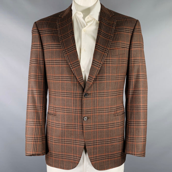 BRIONI Size 44 Brown Orange Plaid Wool Single Breasted Sport Coat