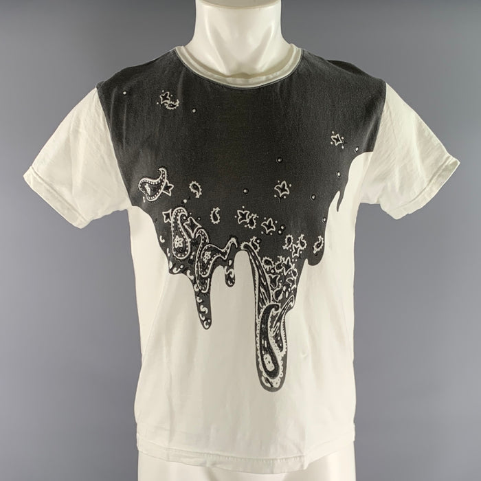 KAPITAL Size S White Black Cotton Crew-Neck T-shirt