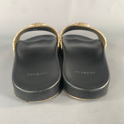 VERSACE Size 9 Gold Black Greca Rubber Slide Sandals