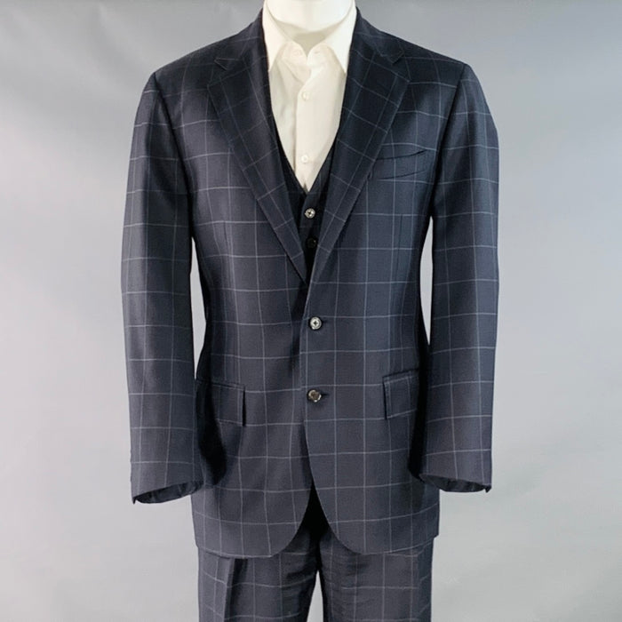 POLO by RALPH LAUREN Size 40 Regular Navy Grey Checkered Virgin Wool 3 Piece Suit