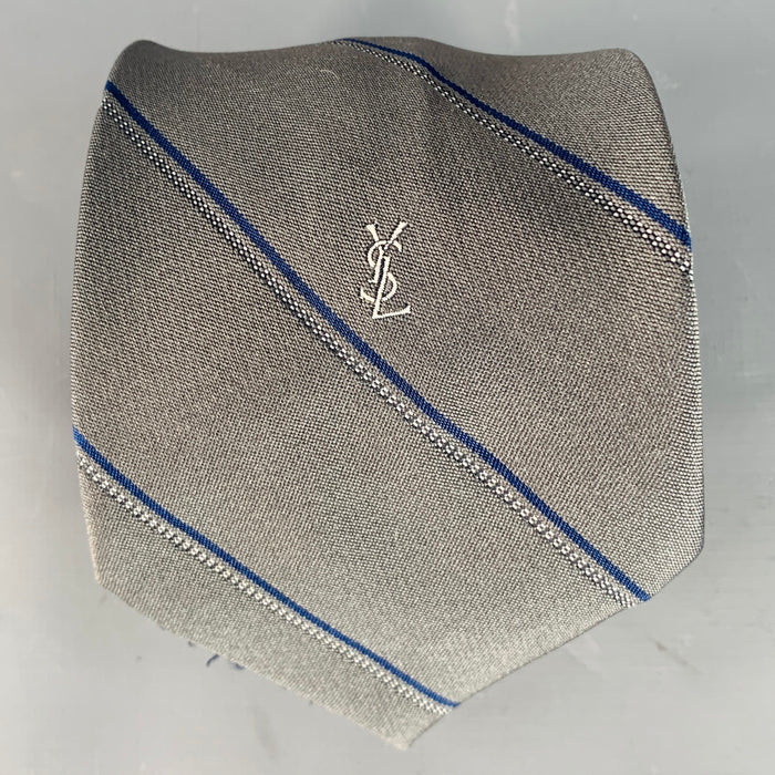 YVES SAINT LAURENT Navy Charcoal Grey Diagonal Stripe Silk Skinny Tie