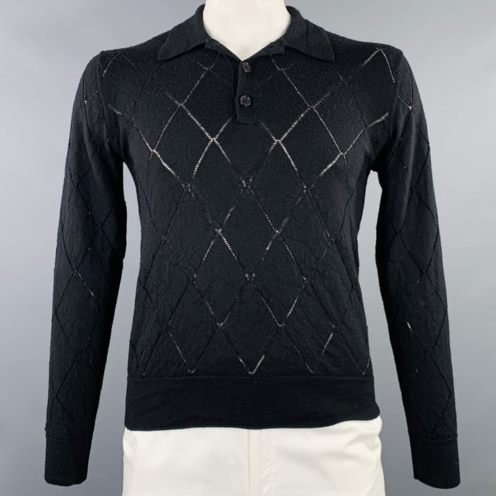 DRIES VAN NOTEN Size L Black Knit Wool Diamond Polo Pullover