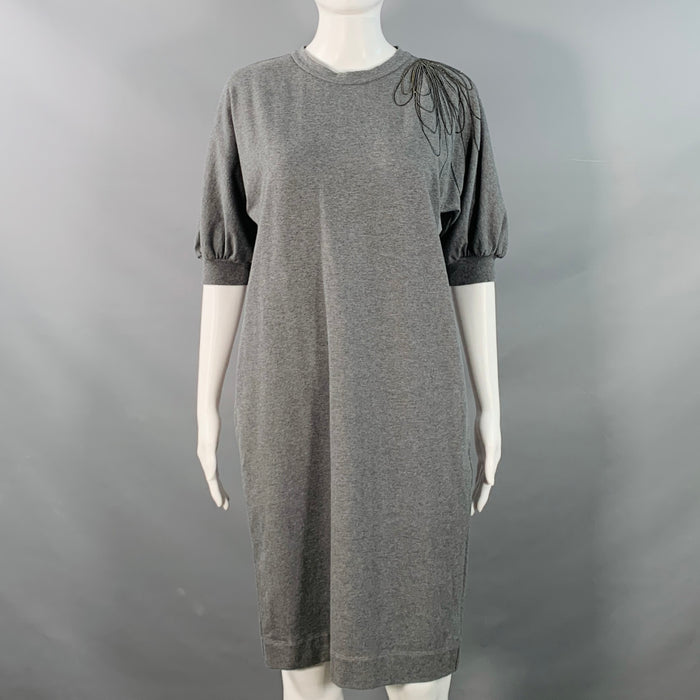 BRUNELLO CUCINELLI Size S Grey Cotton Blend Jersey Floral Monili Beaded Midi T-shirt Dress