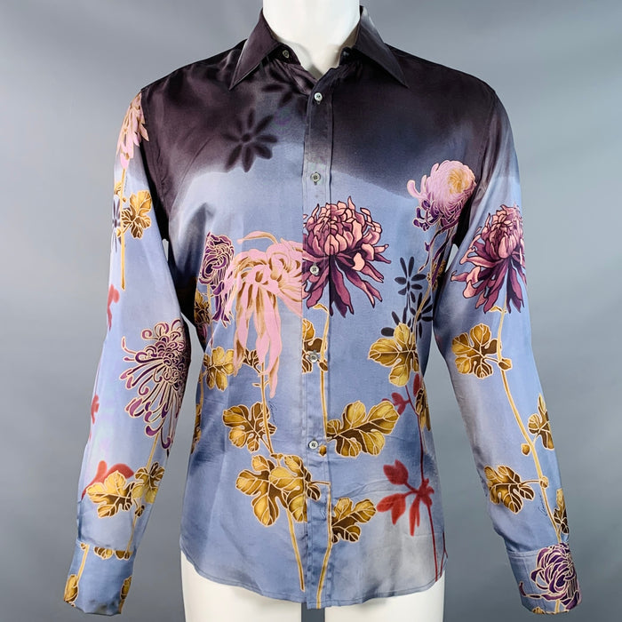 GUCCI by TOM FORD SS01 Size S Blue Multi Color Floral Silk French Cuff Long Sleeve Shirt