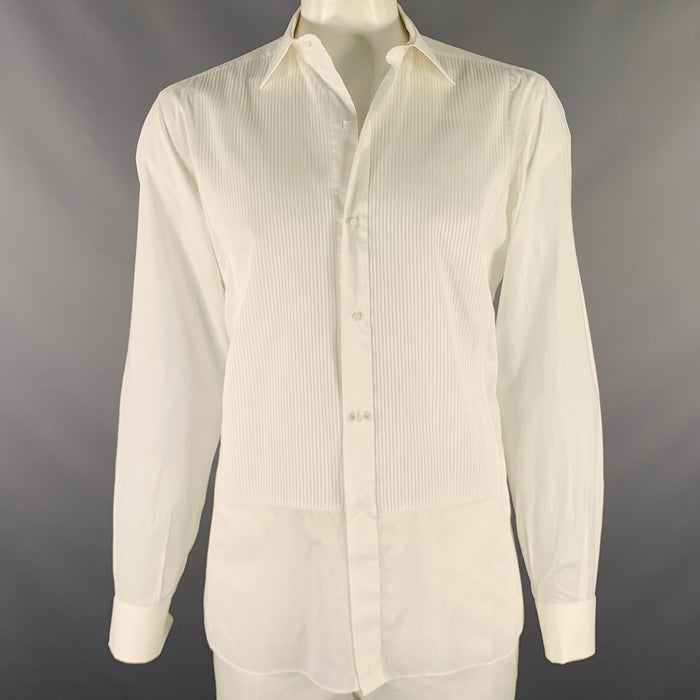 BRIONI Size L White Cotton Tuxedo Long Sleeve Shirt
