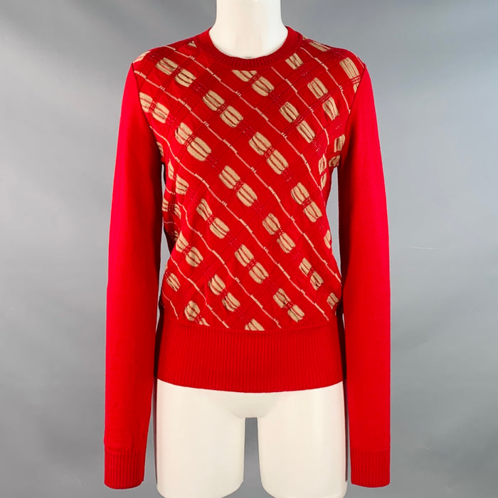 MARNI Size 4 Red Beige Wool Textured Crew Neck Pullover