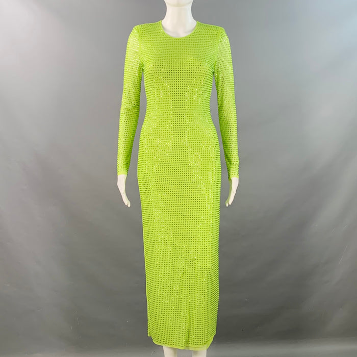 SELF-PORTRAIT Size 4 Neon Green Polyester Blend Rhinestones Long Cocktail Dress