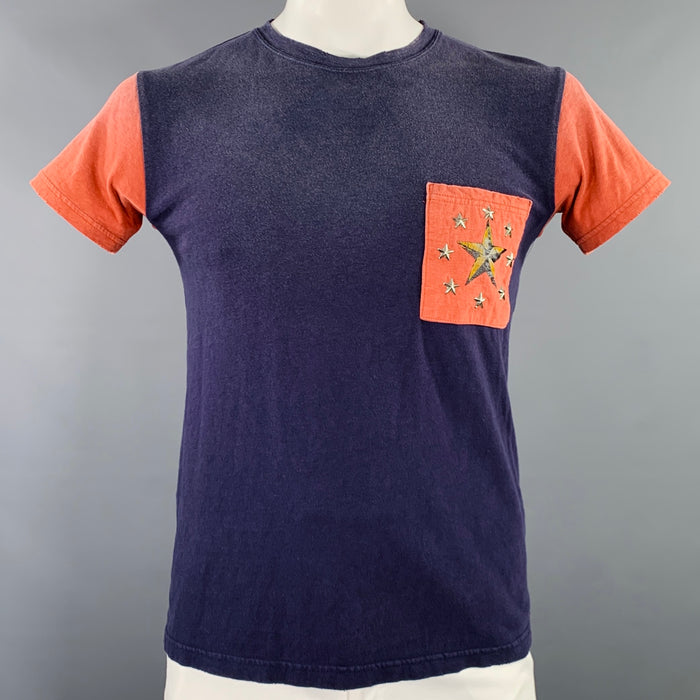 KAPITAL Size L Navy Red Color Block Cotton Crew Neck T-shirt