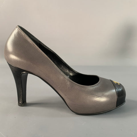 CHANEL Size 6 Grey Black Leather Cap Toe Pumps