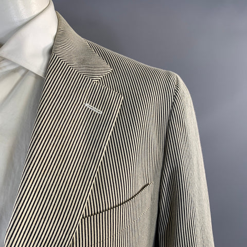 LUCIEN PELLAT-FINET Chest Size XL White Black Stripe Cotton Sport Coat