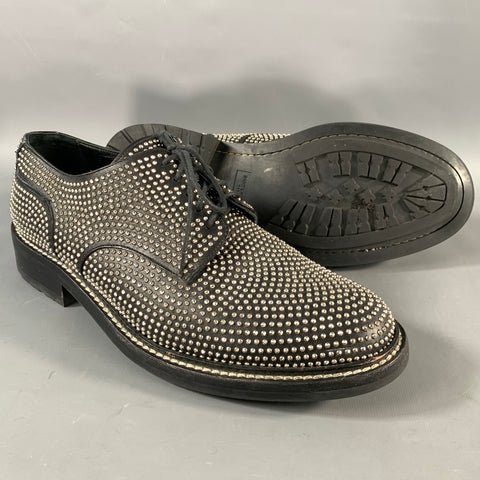 SAINT LAURENT Size 9.5 Black Silver Studded Leather Lace Up Shoes