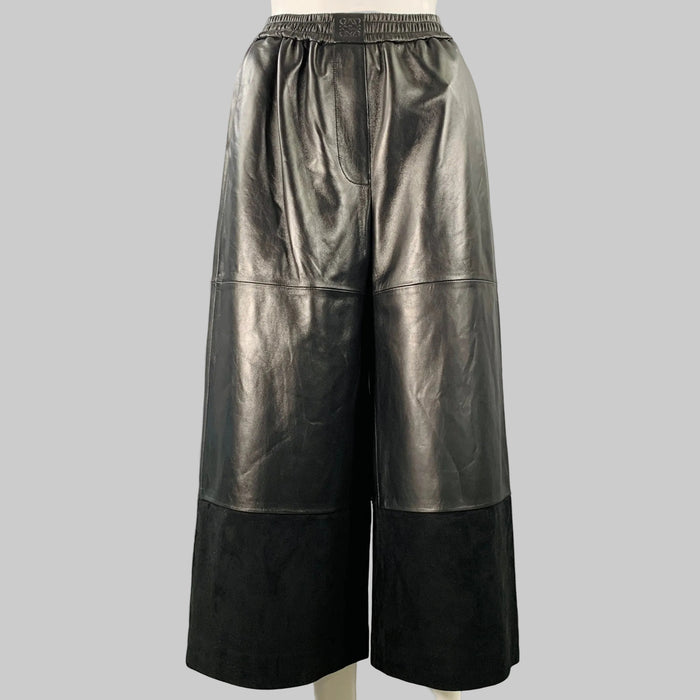 LOEWE Size XS Black Lambskin Leather Goat Suede Wide Leg Dress Pants