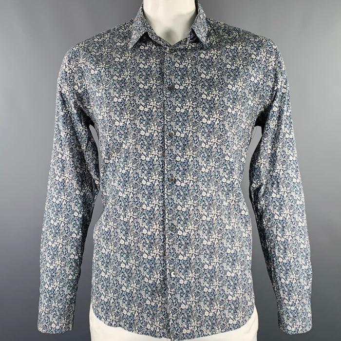 PAUL SMITH Size XL Blue White Floral Cotton Spread Collar Long Sleeve Shirt