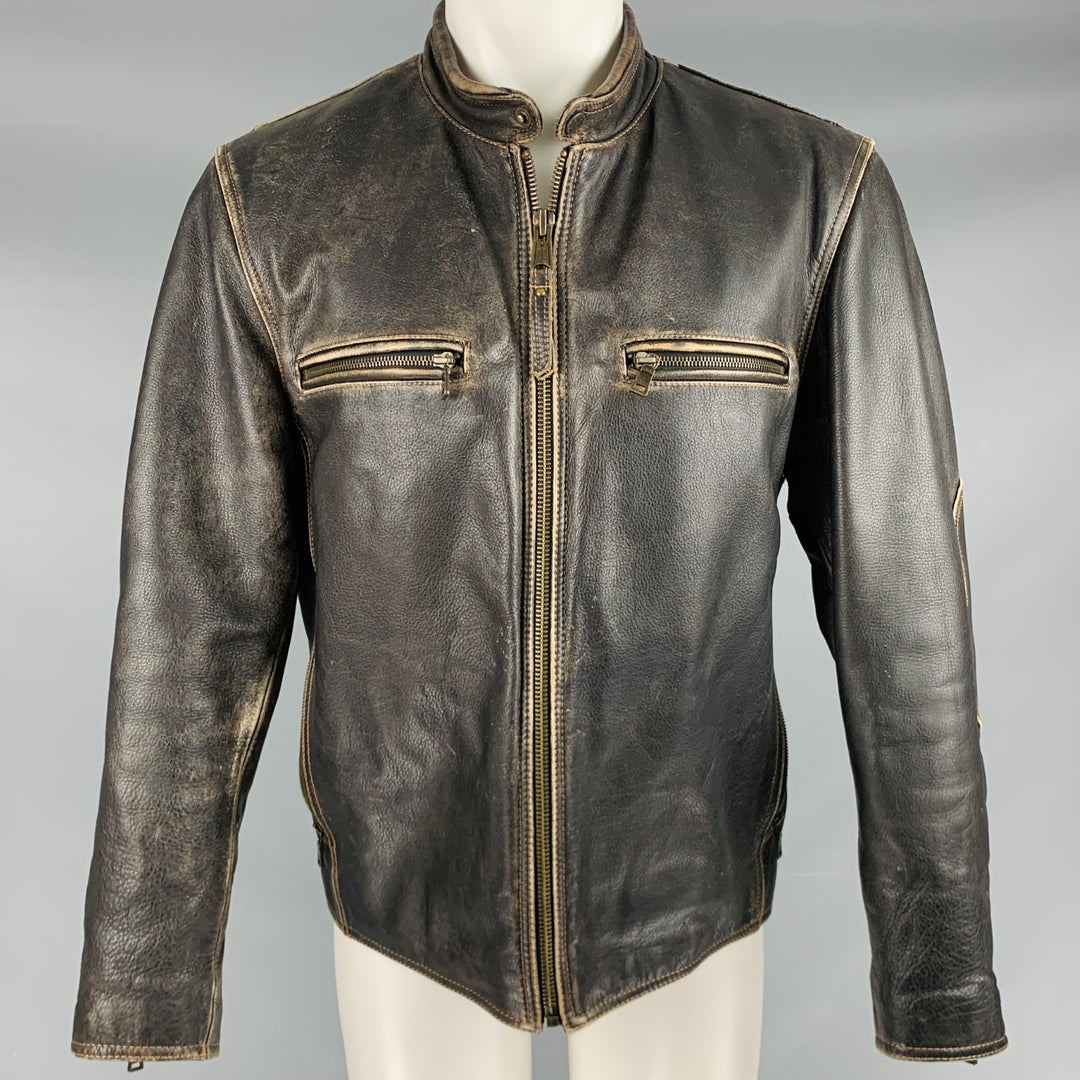 ANDREW MARC Size M Brown Distressed Leather Zip Up Jacket