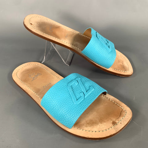 CHRISTIAN LOUBOUTIN Size 10 Blue Tan Monogram Leather Slide Sandals
