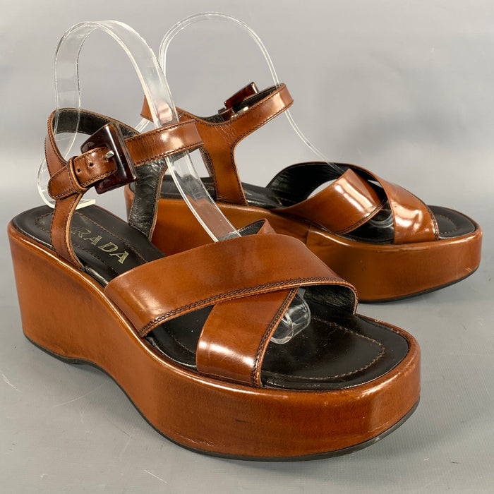 PRADA Size 8 Brown Black Leather Slingback Wedges