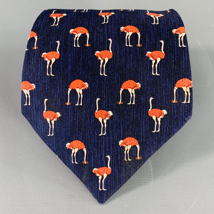 HERMES Navy Red Ostrich Birds Silk Tie