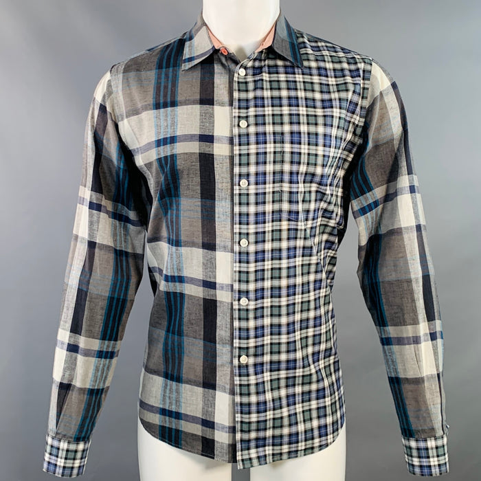 PS by PAUL SMITH Size M Grey Blue Plaid Cotton Blend Casual Fit Long Sleeve Shirt