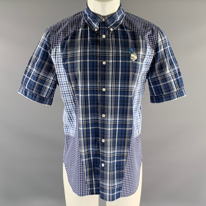 ALEXANDER MCQUEEN Size M Blue Mixed Plaid Cotton Short Sleeve Shirt