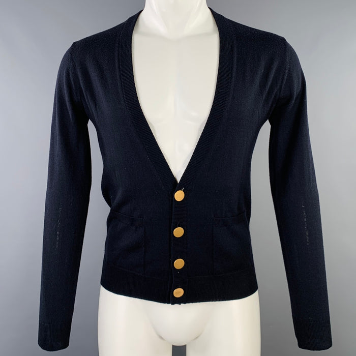 PRADA Size 38 Navy Knit Gold Buttons V-Neck Cardigan