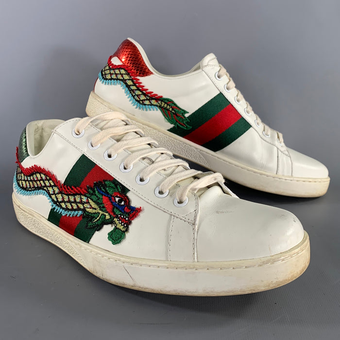 GUCCI Size 11.5 White Green & Red Applique Leather Lace Up Sneakers