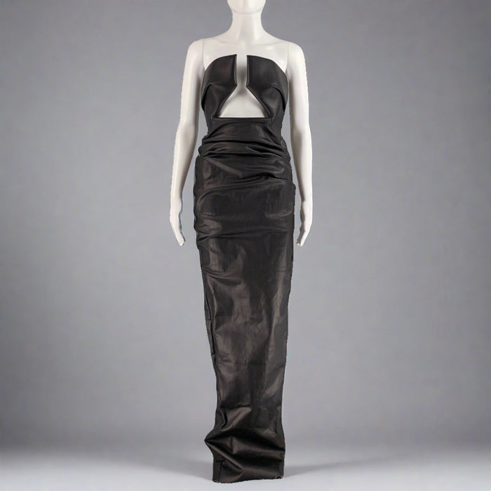 RICK OWENS SS22 FOGACHINE Size S Black Prong Leather Denim Lining Maxi Dress