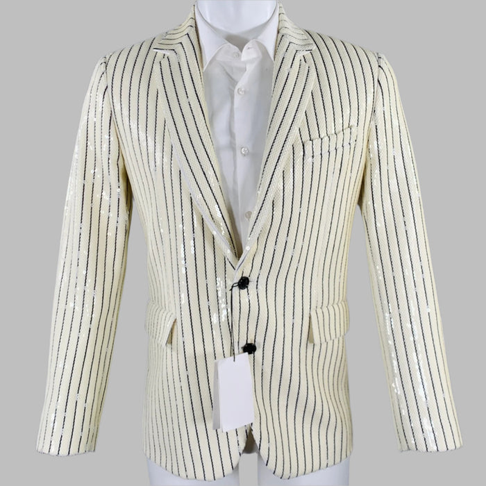 CELINE Size 36 Beige Black Sequined Polyester Notch Lapel Sport Coat