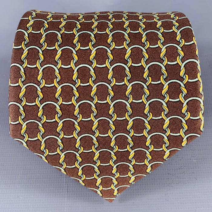 HERMES Brown Green Woven Silk 7788FA Tie