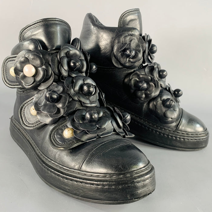 CHANEL Size 7 Black Leather Camellias Faux Pearls Applique High Top Sneakers