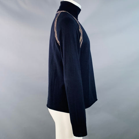 EMPORIO ARMANI Size M Navy Tan Contrast Trim Wool Turtleneck Pullover