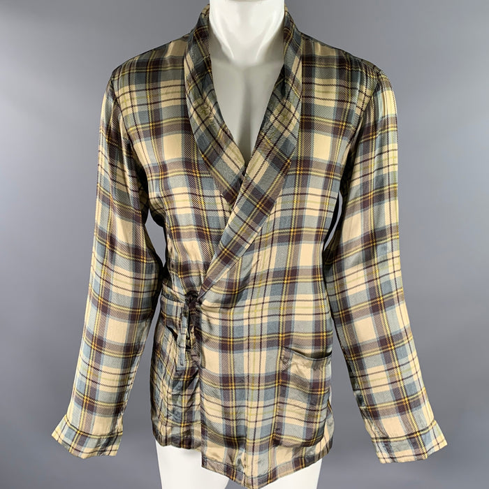DRIES VAN NOTEN Size M Brown Blue Plaid Viscose Shawl Collar Robe