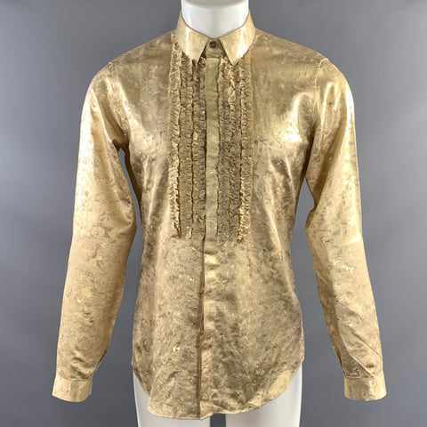 BURBERRY PRORSUM SS2008 Size S Gold Jacquard Silk & Polyamide Ruffle Long Sleeve Shirt