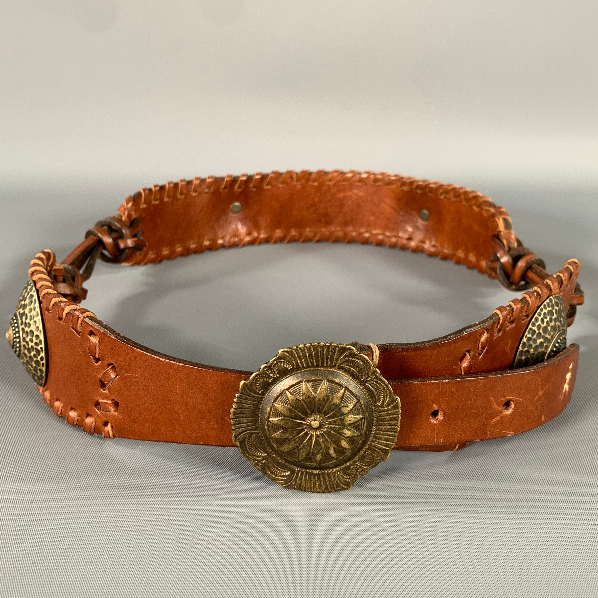 HENRY BEGUELIN Waist Size 29 Brown White Leather Belt Henry Beguelin Leather Whipstitch Trim Belt - Brown Belts  main image 4