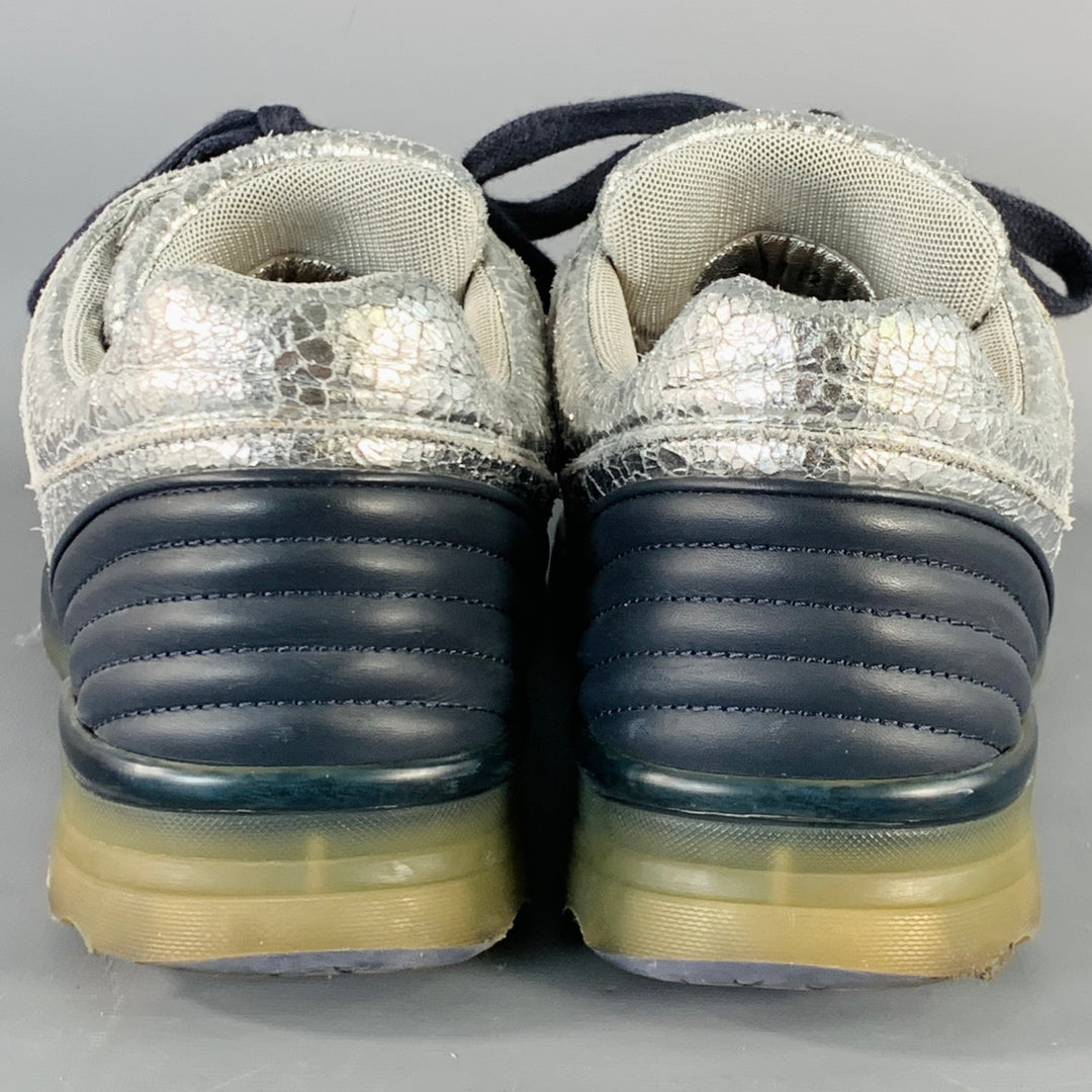 CHANEL Size 11 Metallic Silver Navy Crackled Leather Lace-Up Sneakers