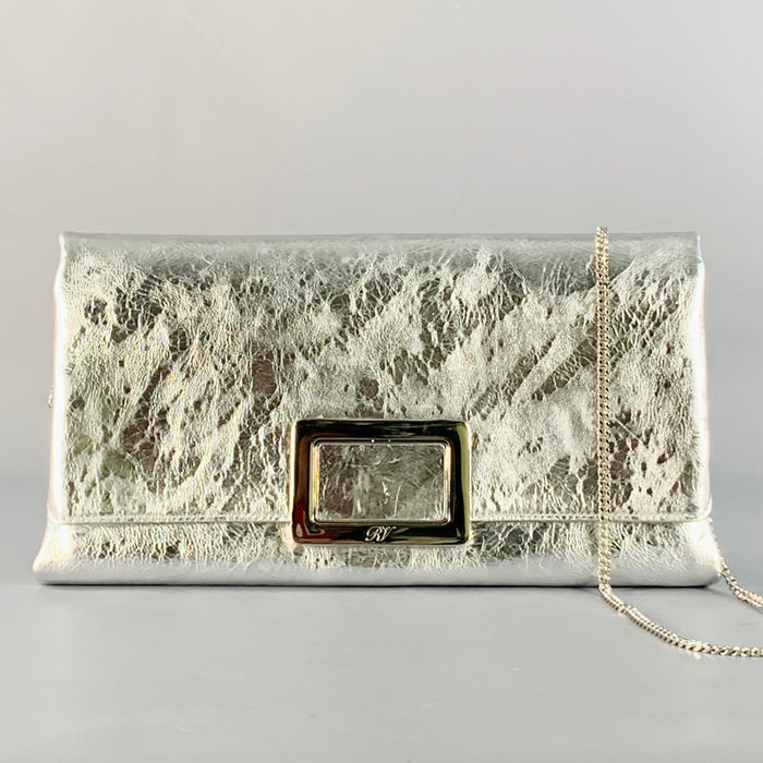 ROGER VIVIER Metallic Silver Textured Leather Clutch Handbag