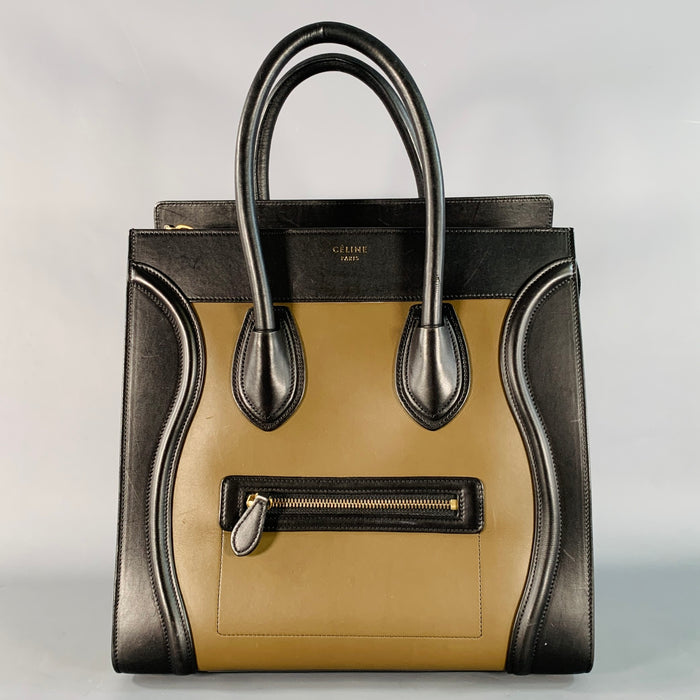CELINE Brown Taupe Color Block Leather Tote Handbag