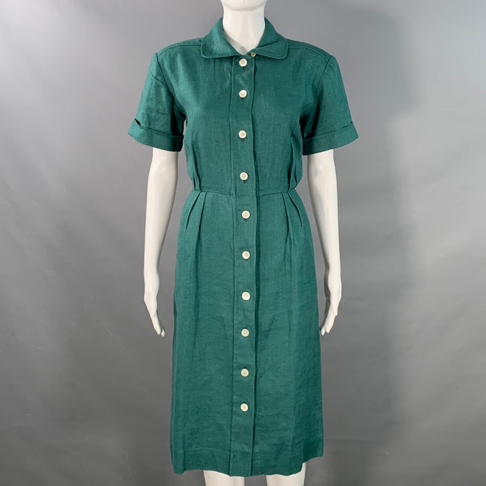 YVES SAINT LAURENT Vintage Size 6 Green Linen Button Up Pleated Shirt Dress