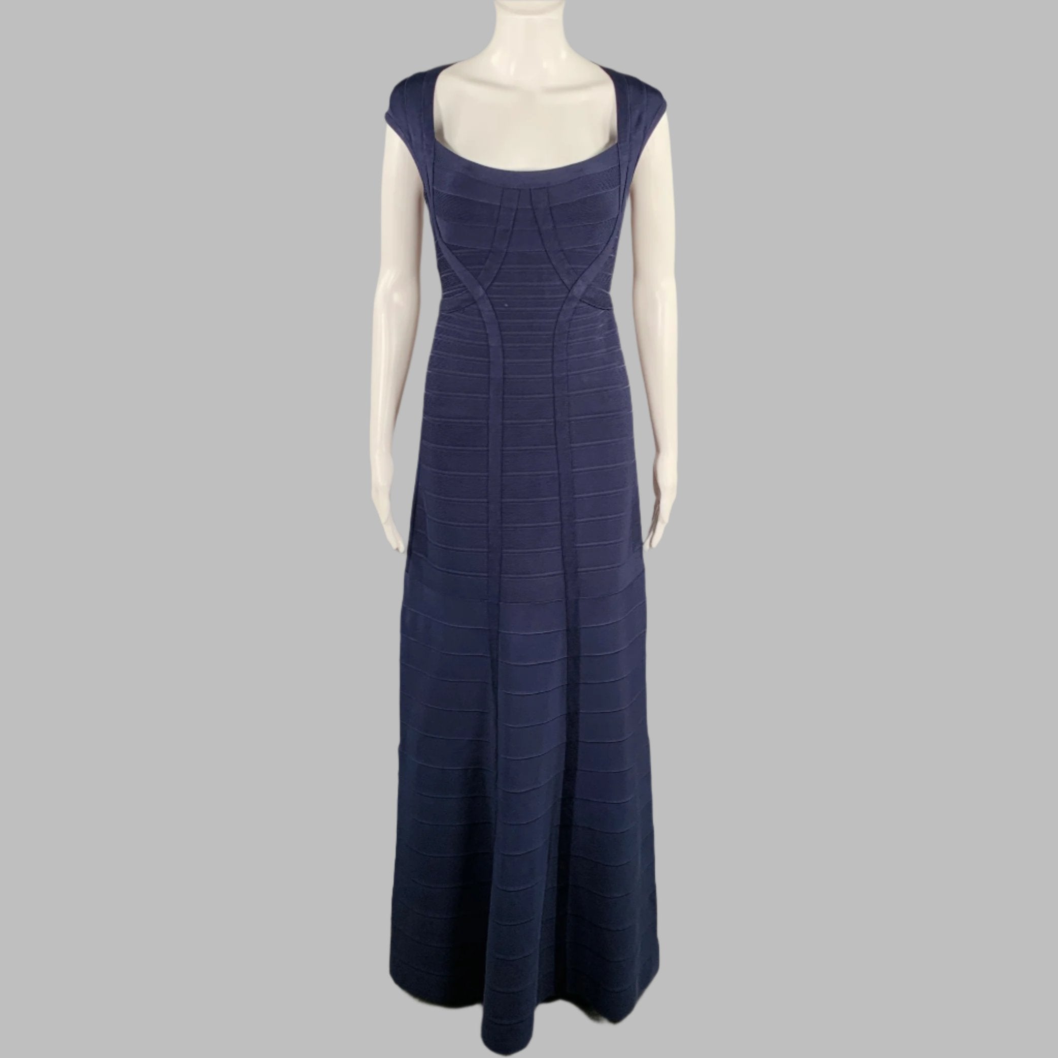HERVE LEGER Size M Catarina Navy Rayon Blend Bandage Cap Sleeves Evening  Gown