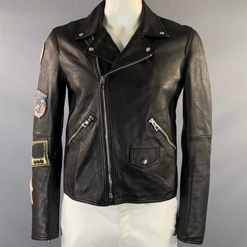 LOEWE Size 40 Black Applique Leather Biker Jacket