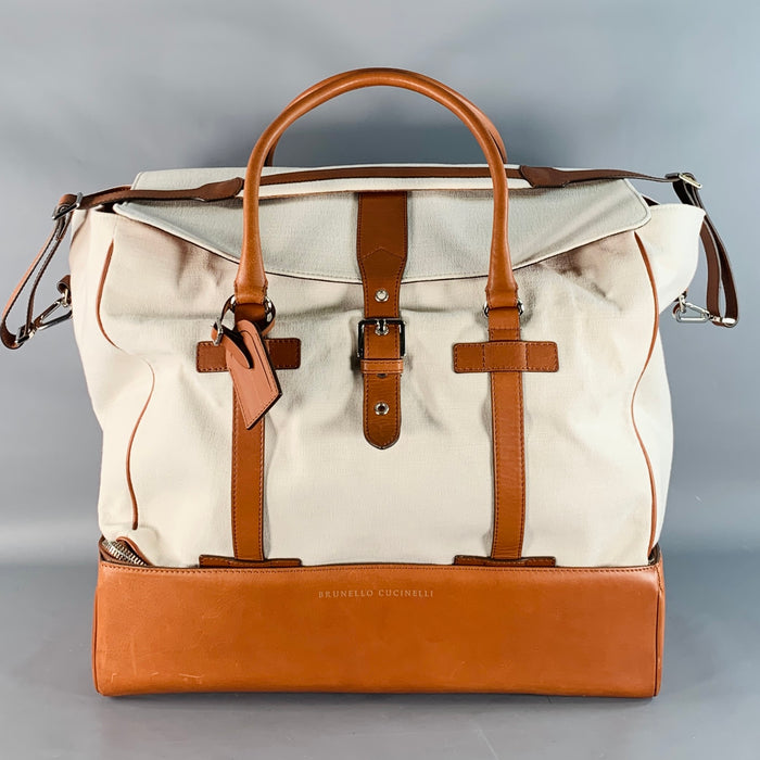 BRUNELLO CUCINELLI Brown Cream Canvas Leather Oversized Weekender Bag