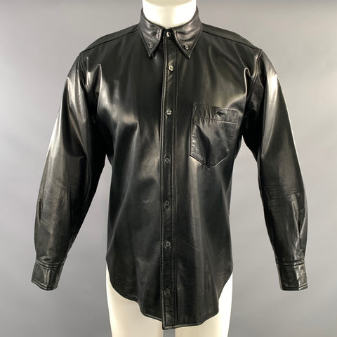 PAUL SMITH Size M Black Leather Button Down Long Sleeve Shirt