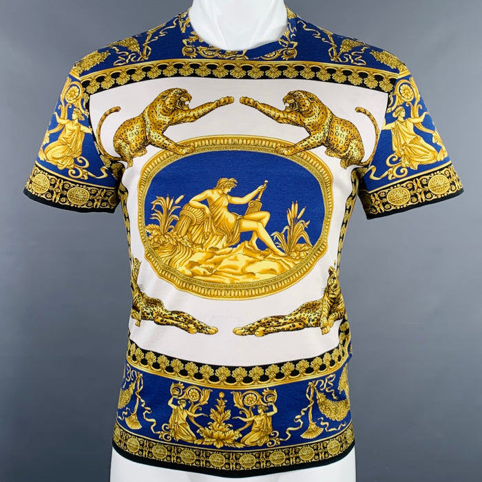 VERSACE Size S Blue Gold Print Cotton Crew Neck T-shirt