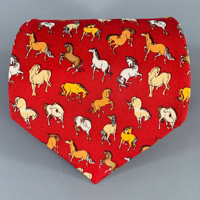 SALVATORE FERRAGAMO Red Orange Yellow Horses Silk Tie