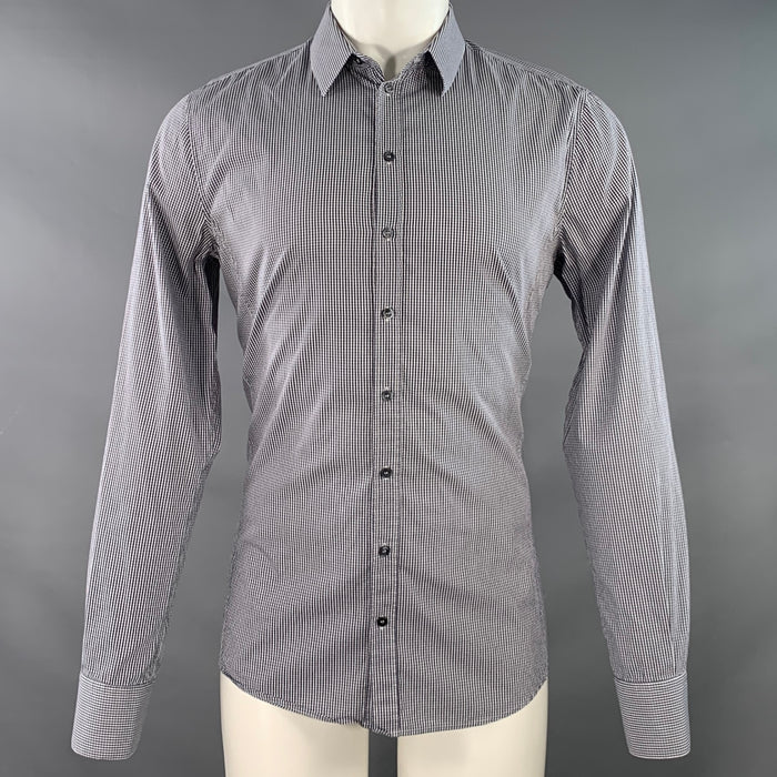 DOLCE & GABBANA Size M Navy White Gingham Cotton Blend Long Sleeve Shirt